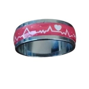 Red Heartbeat EKG Pulse Line Silver Tone Band Ring Nurse Gift